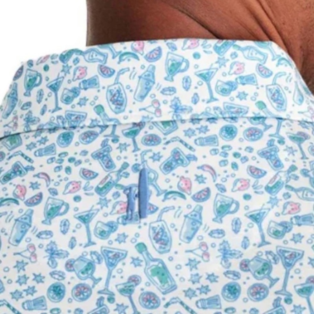 Johnnie O Polo Men L Blue Drinks Print Performance Golf Surfer Bar Hendricks - Picture 2 of 11
